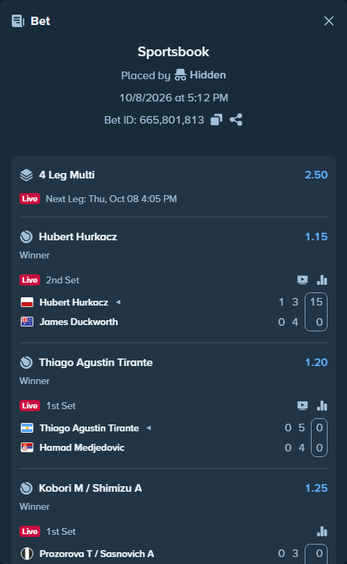 Bet slip: Mariano Navone - Pablo Carreno-Busta, $10,241.00 stake at 1.45 odds, placed by Chitico19