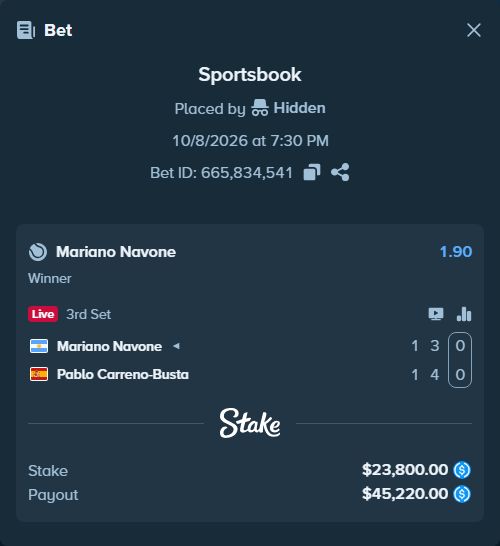 Bet slip: Mariano Navone - Pablo Carreno-Busta, $23,800.00 stake at 1.90 odds, placed by Hidden