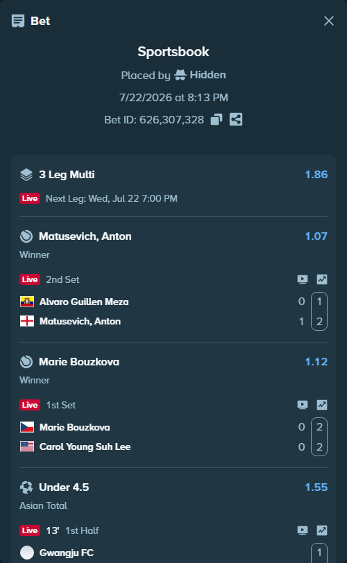 Bet slip: Marie Bouzkova - Carol Young Suh Lee, $10,000.00 stake at 1.12 odds, placed by Hidden