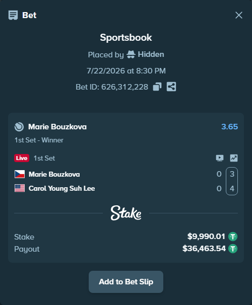 Bet slip: Marie Bouzkova - Carol Young Suh Lee, $10,000.00 stake at 3.65 odds, placed by Hidden