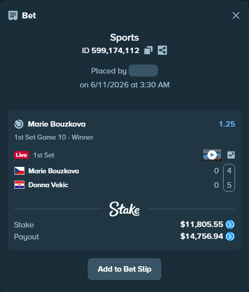 Bet slip: Marie Bouzkova - Donna Vekic, $11,805.55 stake at 1.25 odds, placed by Jackmous