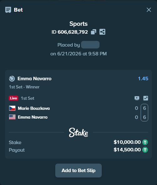Bet slip: Marie Bouzkova - Emma Navarro, $10,010.00 stake at 1.45 odds, placed by AustinAlgamus