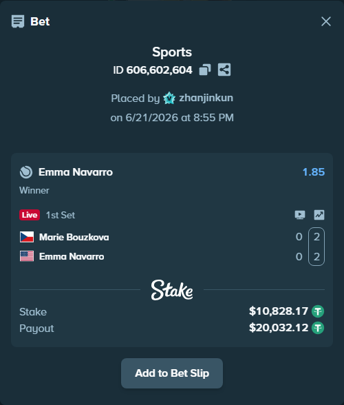 Bet slip: Marie Bouzkova - Emma Navarro, $10,839.00 stake at 1.85 odds, placed by zhanjinkun