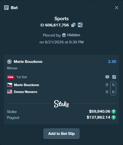 Bet slip: Marie Bouzkova - Emma Navarro, $60,000.00 stake at 2.30 odds, placed by Hidden