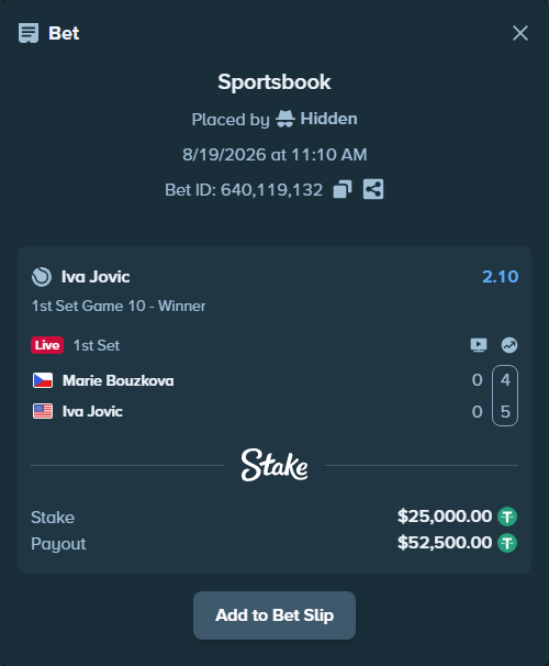 Bet slip: Marie Bouzkova - Iva Jovic, $25,025.00 stake at 2.10 odds, placed by Hidden