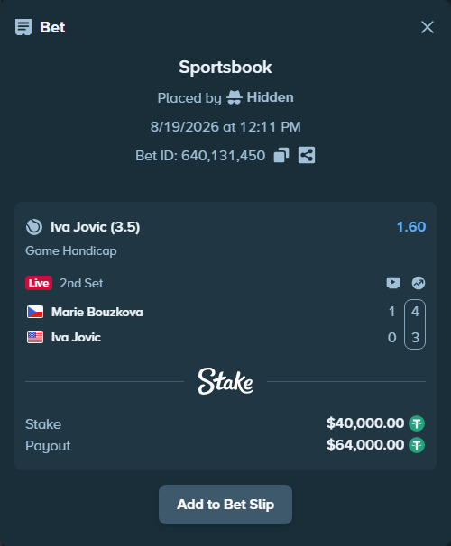 Bet slip: Marie Bouzkova - Iva Jovic, $40,040.00 stake at 1.60 odds, placed by Hidden