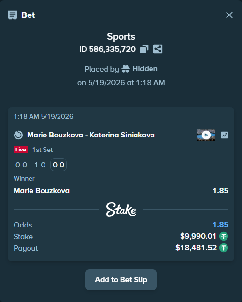 Bet slip: Marie Bouzkova - Katerina Siniakova, $10,000.00 stake at 1.85 odds, placed by Hidden