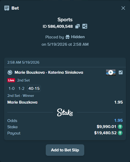 Bet slip: Marie Bouzkova - Katerina Siniakova, $10,000.00 stake at 1.95 odds, placed by Hidden