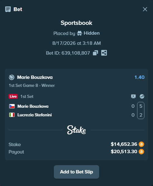 Bet slip: Marie Bouzkova - Lucrezia Stefanini, $14,651.36 stake at 1.40 odds, placed by Hidden