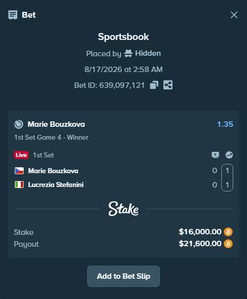 Bet slip: Marie Bouzkova - Lucrezia Stefanini, $15,982.47 stake at 1.35 odds, placed by Hidden