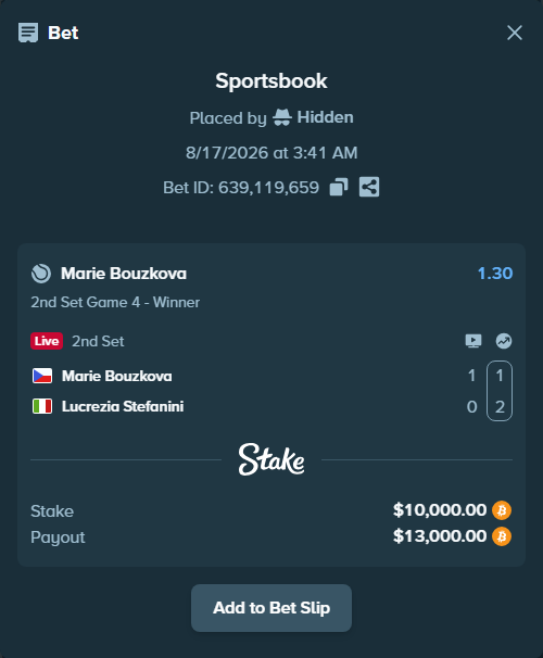 Bet slip: Marie Bouzkova - Lucrezia Stefanini, $10,005.63 stake at 1.30 odds, placed by Hidden
