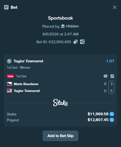 Bet slip: Marie Bouzkova - Taylor Townsend, $11,969.58 stake at 1.07 odds, placed by Hidden