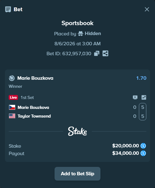 Bet slip: Marie Bouzkova - Taylor Townsend, $20,000.00 stake at 1.70 odds, placed by Hidden