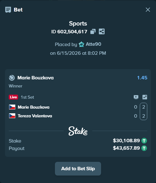 Bet slip: Marie Bouzkova - Tereza Valentova, $30,139.00 stake at 1.45 odds, placed by Atte90