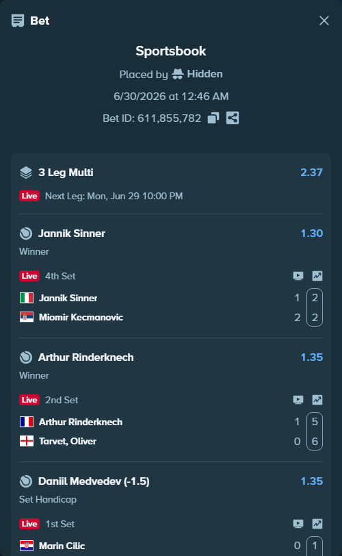 Bet slip: Marin Cilic - Daniil Medvedev, $30,060.00 stake at 1.35 odds, placed by Hidden