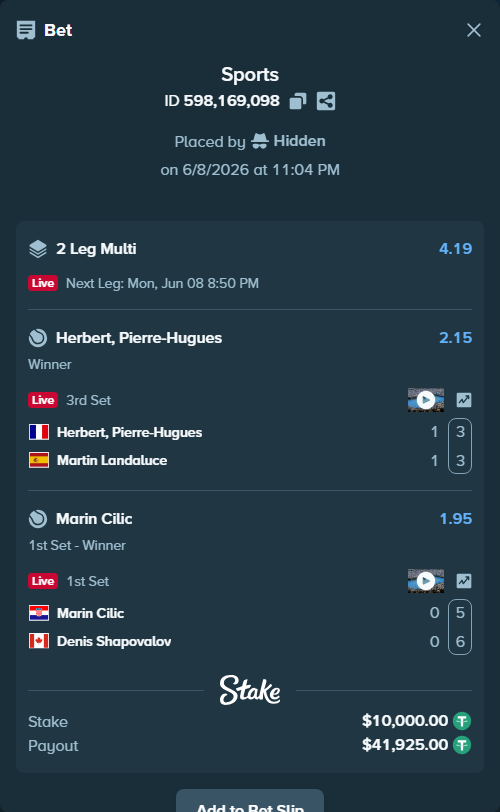 Bet slip: Marin Cilic - Denis Shapovalov, $10,000.00 stake at 1.95 odds, placed by Hidden