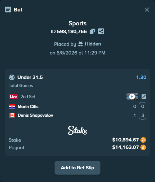 Bet slip: Marin Cilic - Denis Shapovalov, $11,045.46 stake at 1.30 odds, placed by Hidden