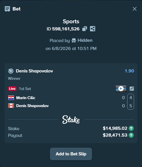 Bet slip: Marin Cilic - Denis Shapovalov, $15,000.00 stake at 1.90 odds, placed by Hidden