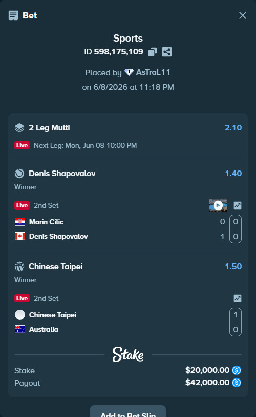 Bet slip: Marin Cilic - Denis Shapovalov, $20,000.00 stake at 1.40 odds, placed by AsTraL11