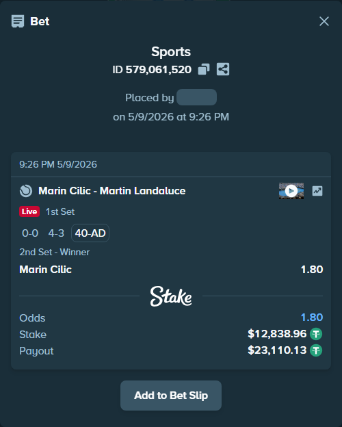 Bet slip: Marin Cilic - Martin Landaluce, $12,838.96 stake at 1.80 odds, placed by Abo114
