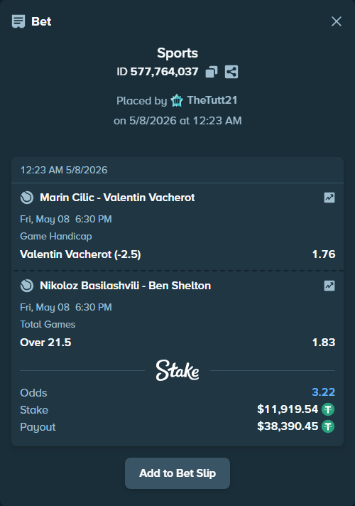 Bet slip: Marin Cilic - Valentin Vacherot, $11,919.54 stake at 1.76 odds, placed by TheTutt21