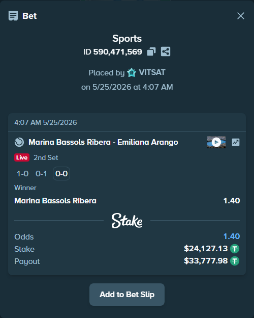 Bet slip: Marina Bassols Ribera - Emiliana Arango, $24,127.13 stake at 1.40 odds, placed by VITSAT