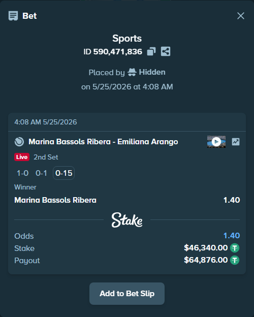 Bet slip: Marina Bassols Ribera - Emiliana Arango, $46,340.00 stake at 1.40 odds, placed by Hidden