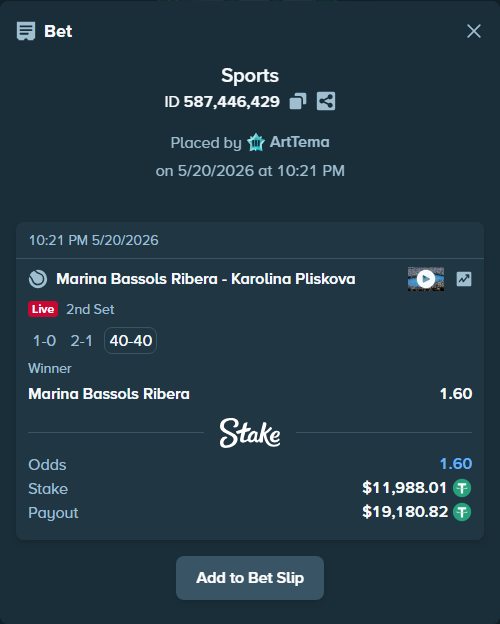 Bet slip: Marina Bassols Ribera - Karolina Pliskova, $12,000.00 stake at 1.60 odds, placed by ArtTema