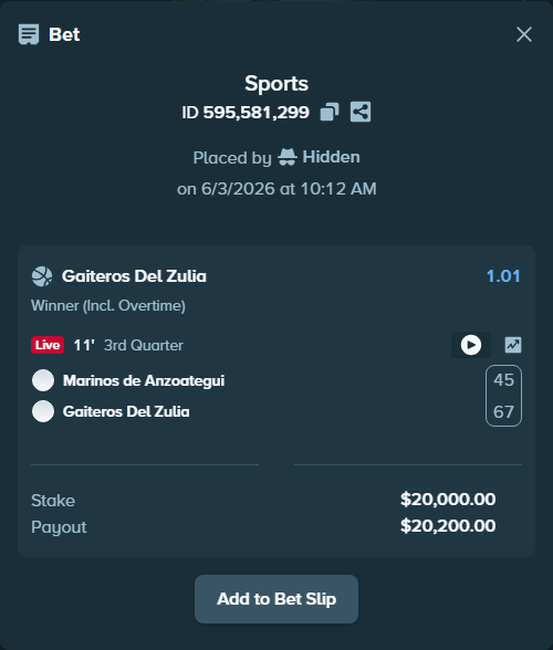 Bet slip: Marinos de Anzoategui - Gaiteros Del Zulia, $20,000.00 stake at 1.01 odds, placed by Hidden
