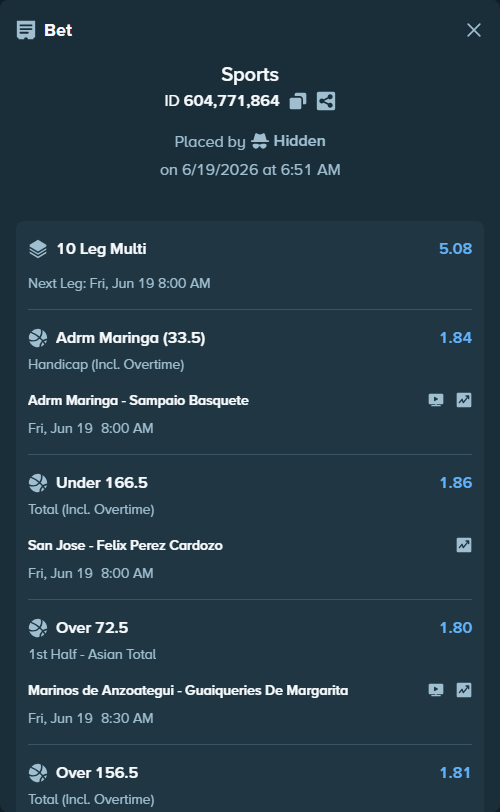 Bet slip: Marinos de Anzoategui - Guaiqueries De Margarita, $10,000.00 stake at 1.80 odds, placed by Hidden