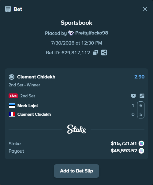 Bet slip: Mark Lajal - Clement Chidekh, $15,469.60 stake at 2.90 odds, placed by Prettylfacko98