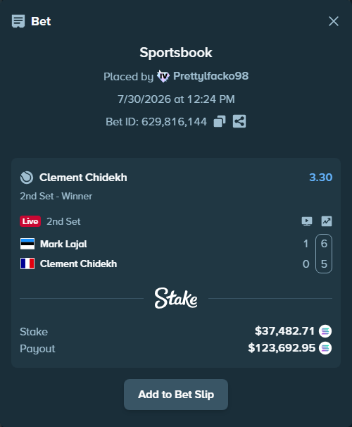 Bet slip: Mark Lajal - Clement Chidekh, $36,853.94 stake at 3.30 odds, placed by Prettylfacko98