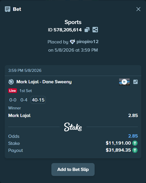 Bet slip: Mark Lajal - Dane Sweeny, $11,191.00 stake at 2.85 odds, placed by piropiro12