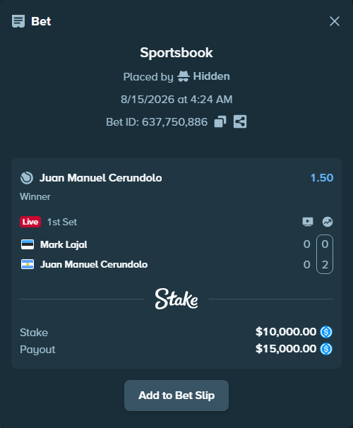 Bet slip: Mark Lajal - Juan Manuel Cerundolo, $10,000.00 stake at 1.50 odds, placed by Hidden