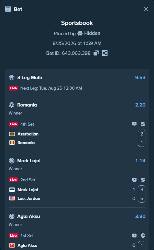 Bet slip: Mark Lajal - Lee, Jordan, $10,000.00 stake at 1.14 odds, placed by Hidden