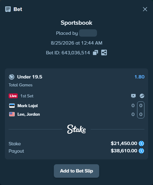 Bet slip: Mark Lajal - Lee, Jordan, $21,450.00 stake at 1.80 odds, placed by privetmedvet15