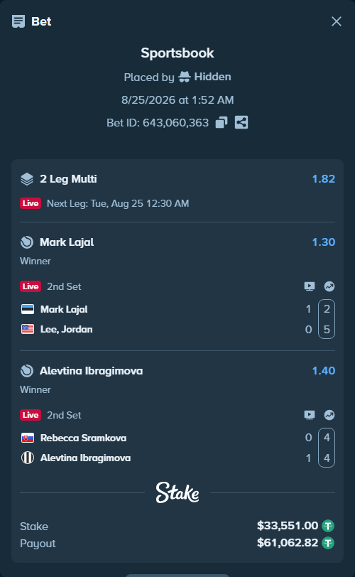 Bet slip: Mark Lajal - Lee, Jordan, $33,551.00 stake at 1.30 odds, placed by Hidden