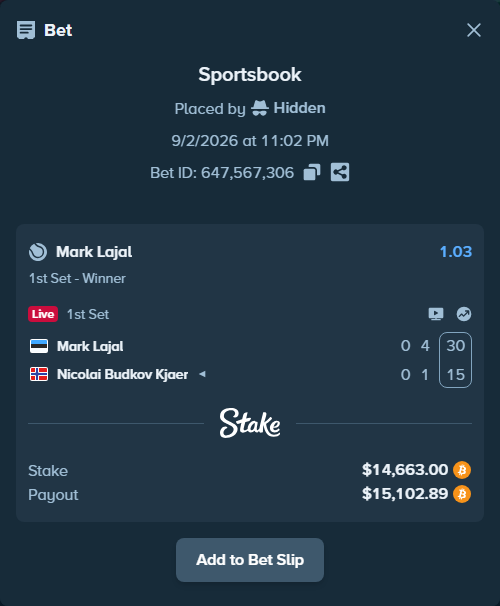 Bet slip: Mark Lajal - Nicolai Budkov Kjaer, $14,700.54 stake at 1.03 odds, placed by Hidden