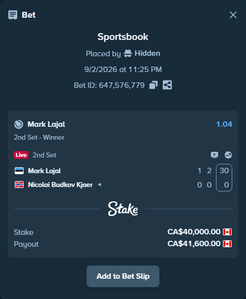 Bet slip: Mark Lajal - Nicolai Budkov Kjaer, $29,600.00 stake at 1.04 odds, placed by Hidden