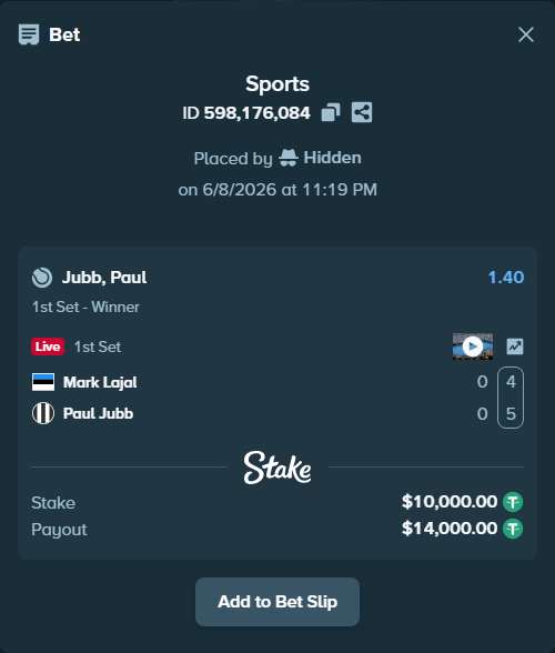 Bet slip: Mark Lajal - Paul Jubb, $10,000.00 stake at 1.40 odds, placed by Hidden