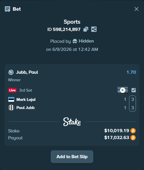 Bet slip: Mark Lajal - Paul Jubb, $10,074.08 stake at 1.70 odds, placed by Hidden