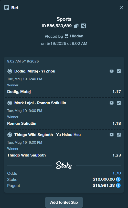 Bet slip: Mark Lajal - Roman Safiullin, $10,000.00 stake at 1.18 odds, placed by Hidden