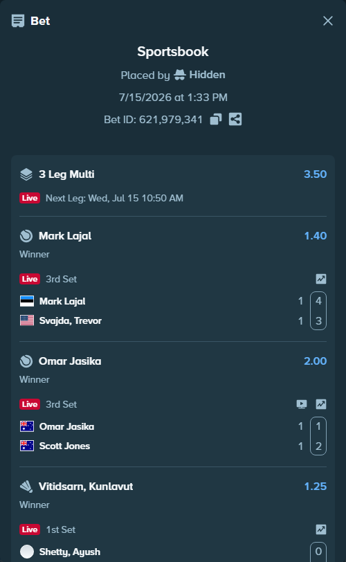 Bet slip: Mark Lajal - Svajda, Trevor, $50,000.00 stake at 1.40 odds, placed by Hidden