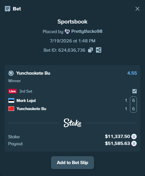 Bet slip: Mark Lajal - Yunchaokete Bu, $10,875.43 stake at 4.55 odds, placed by Prettylfacko98