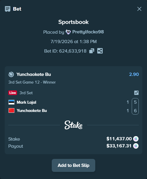 Bet slip: Mark Lajal - Yunchaokete Bu, $10,962.56 stake at 2.90 odds, placed by Prettylfacko98