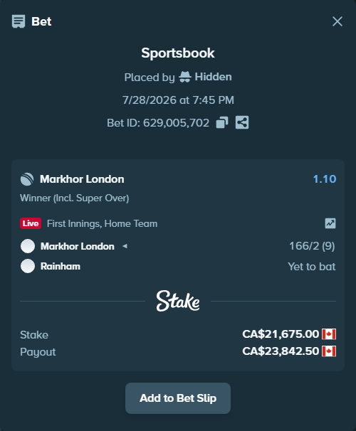Bet slip: Markhor London - Rainham, $16,039.50 stake at 1.10 odds, placed by Hidden
