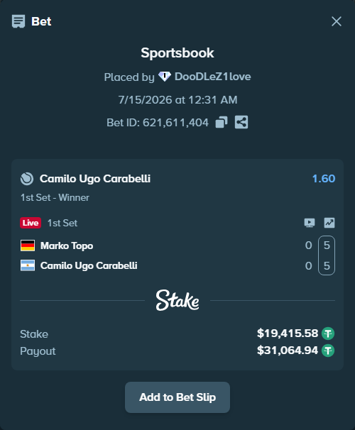 Bet slip: Marko Topo - Camilo Ugo Carabelli, $19,435.00 stake at 1.60 odds, placed by DooDLeZ1love
