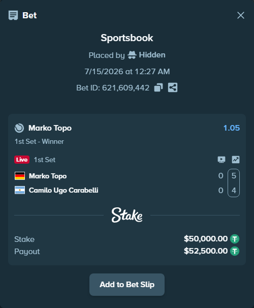 Bet slip: Marko Topo - Camilo Ugo Carabelli, $50,050.00 stake at 1.05 odds, placed by Hidden
