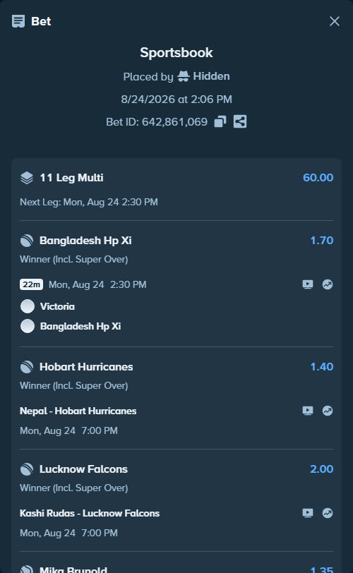 Bet slip: Marko Topo - Damas, Miguel, $10,150.00 stake at 1.47 odds, placed by Hidden