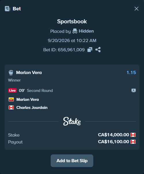 Bet slip: Marlon Vera - Charles Jourdain, $10,360.00 stake at 1.15 odds, placed by Hidden